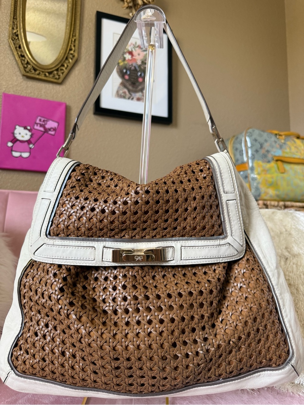 💯 Authentic ANYA HINDMARCH of LONDON Cream/Brown Leather Soft Woven Shoulder Bag
